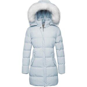 Women's Light Blue Winter Puffer Coat Warm Jacket With Removable Hood